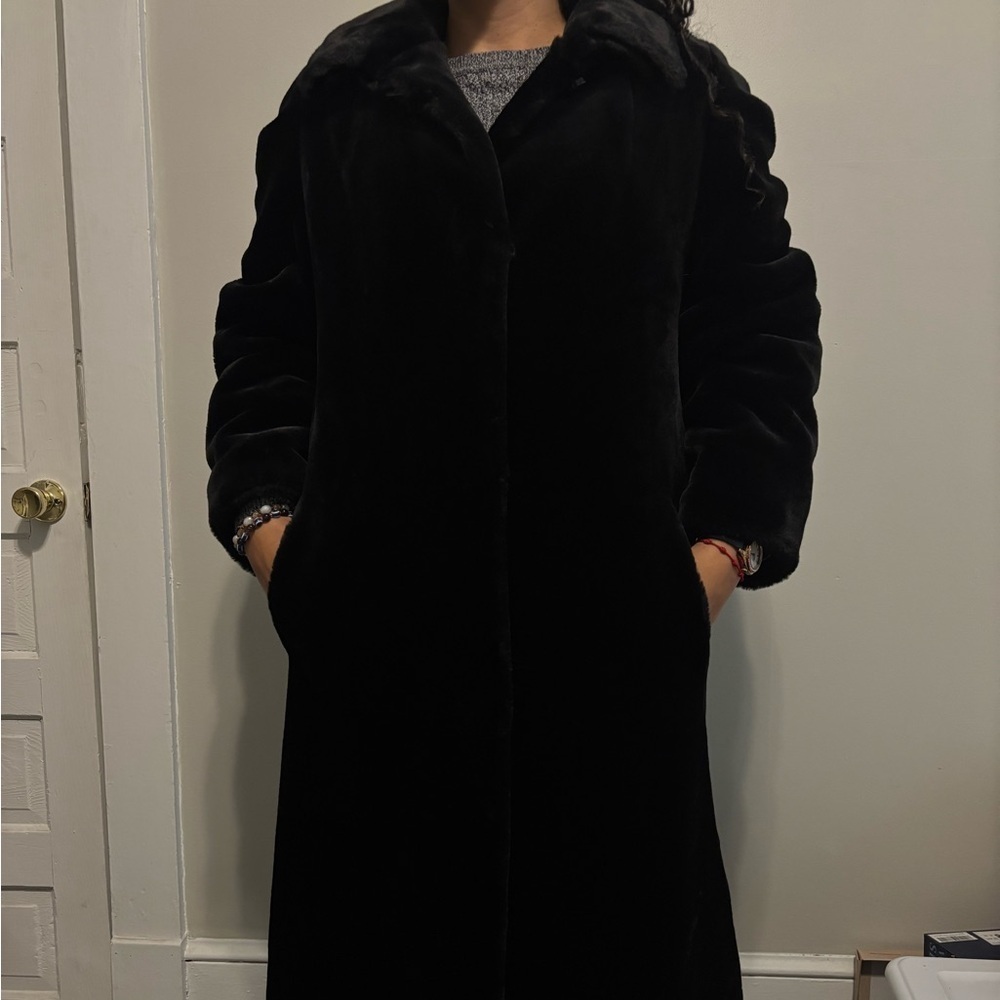 Vintage Streetwear 80s Black Grunge Faux Fur WhimsyGoth Maxi Baddie Coat -Large